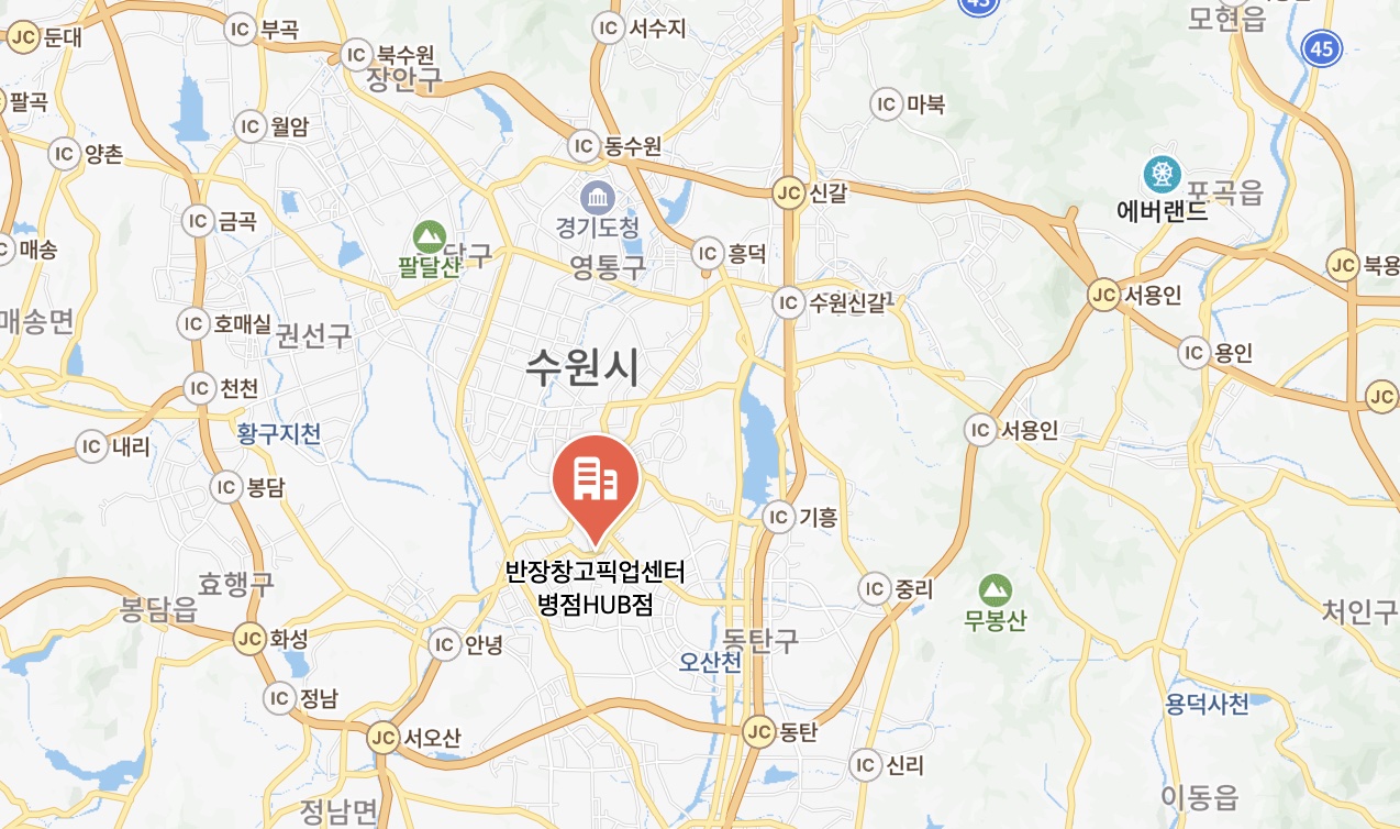 병점 HUB점 위치 지도 — 수원시 남쪽, 동탄 서쪽, 병점 인근